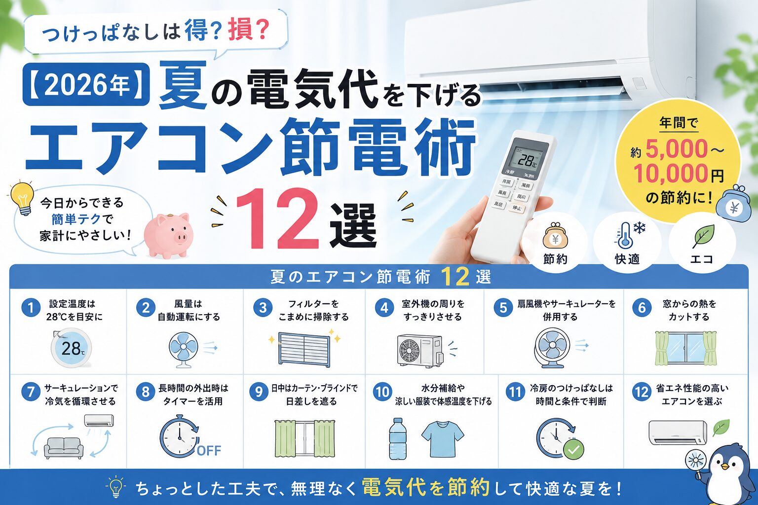 2026年】夏の電気代を下げるエアコン節電術12選｜つけっぱなしは得?損
